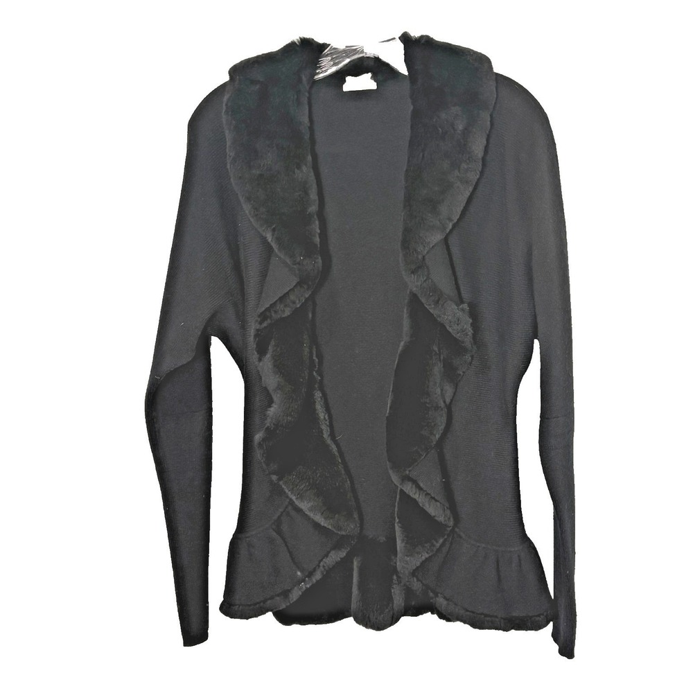 TSE Black Fur Trim Cashmere Cardigan Medium Shawl Collar Ruffle Hem Quiet Luxury